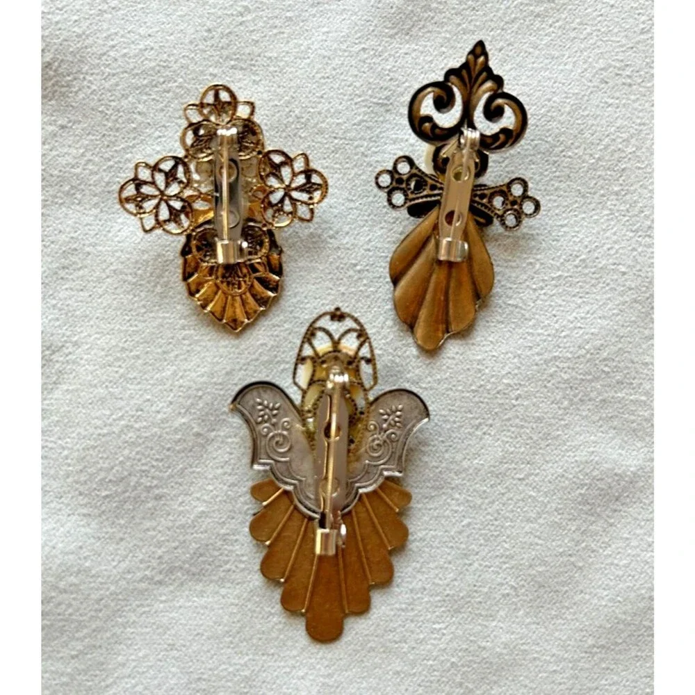 Vintage Gold and Silver Tone Angel Pins Faux Pearl - Lot of 3